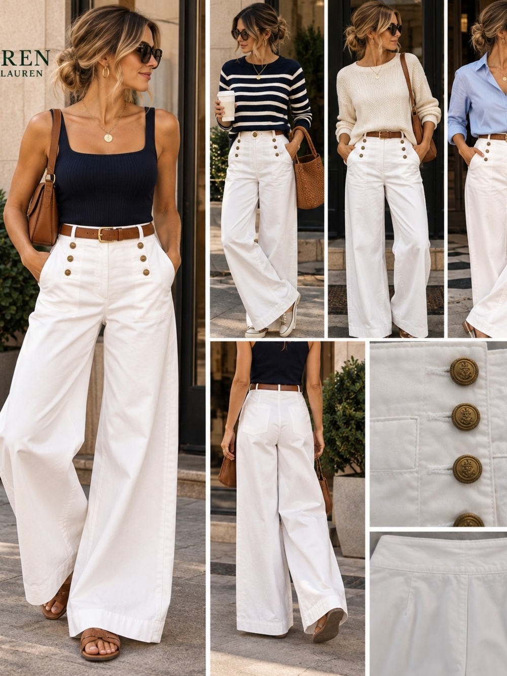 Ralph Lauren White High-Waist Wide-Leg Sailor Pants with Brass Buttons